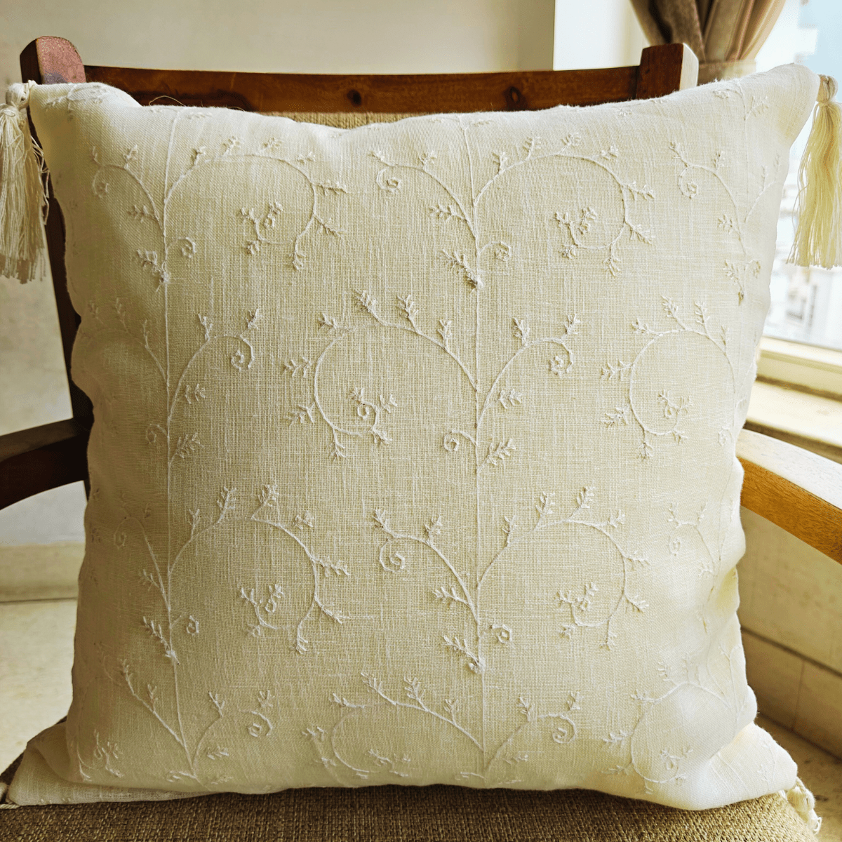 Ivy Emroidered Cushion Cover Set – 16" x 16" (Pack of 2) - Coral Slub -